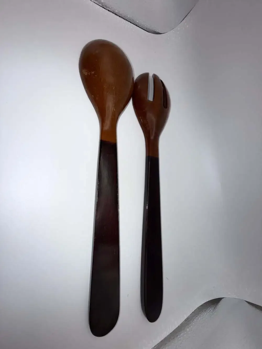 Vintage Mid-Century Two-Tone Hardwood Salad Serving Spoon and Fork Set